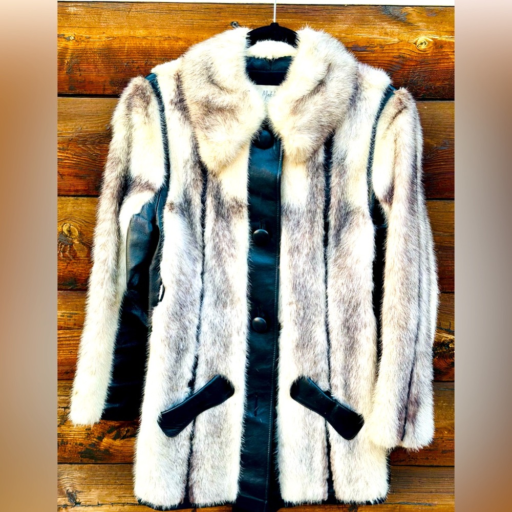 White & Black Cross mink and leather jacket, custom-made from Mable’s Furs.